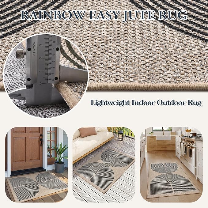 Lahome Enfys Rainbow Easy Jute Rug, Farmhouse Neutral Lightweight Non Shedding - Image 4