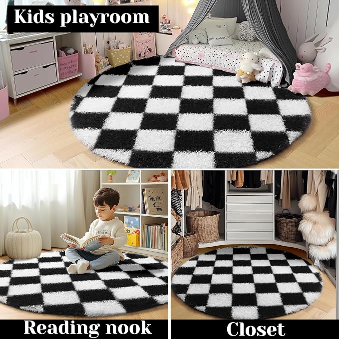 KICMOR Round Rugs 7ft Black and White Circle Area Rug, Fluffy Soft Large Fuzzy - Image 7