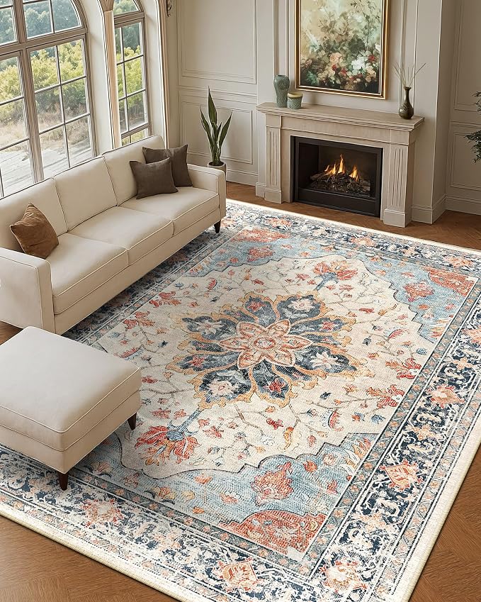 RELEANY Area Rugs Large 9'x12' Washable Non-Slip, Floral Vintage Distress - Image 3