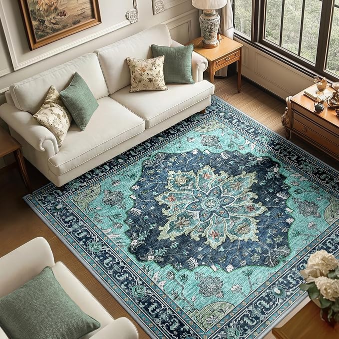 RELEANY Area Rugs Square 6ft Washable Non-Slip, Floral Vintage Distress by RELEANY