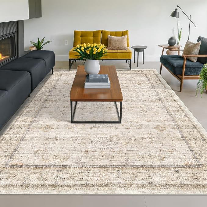 Hazo Haus Washable Ivory Beige Living Room Rug, 8x12 Non Slip Area Rugs - Image 3