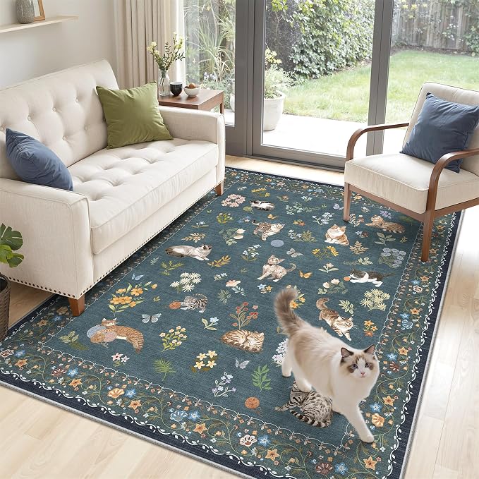 Soalmost Cat 3x5 Area Rugs for Entryway, Machine Washable Animal Floral Accent - Image 4
