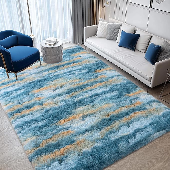 WISH TREE Blue Rugs for Bedroom, 4x6 Fluffy Fuzzy Modern Indoor Floor Rugs for by WISHTREE