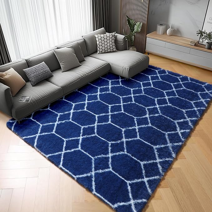 ONASAR 5x7 Area Rugs for Living Room Bedroom, Fluffy Navy Blue and White Throw by ONASAR