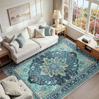 RELEANY Area Rugs 6'x9' Washable Non-Slip, Floral Vintage Distress Medallion by RELEANY