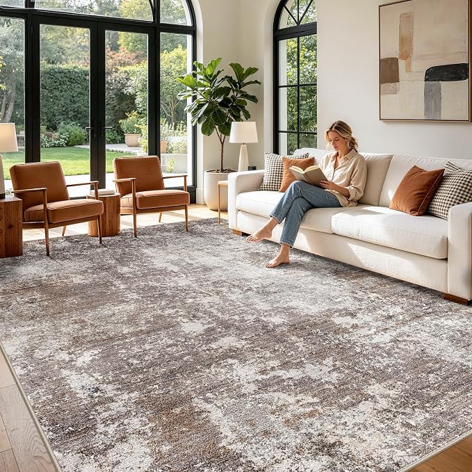 Large Washable Living Room Rug 10x14 – Modern Neutral Abstract Area Rug by BYYVOORugsforYourHome