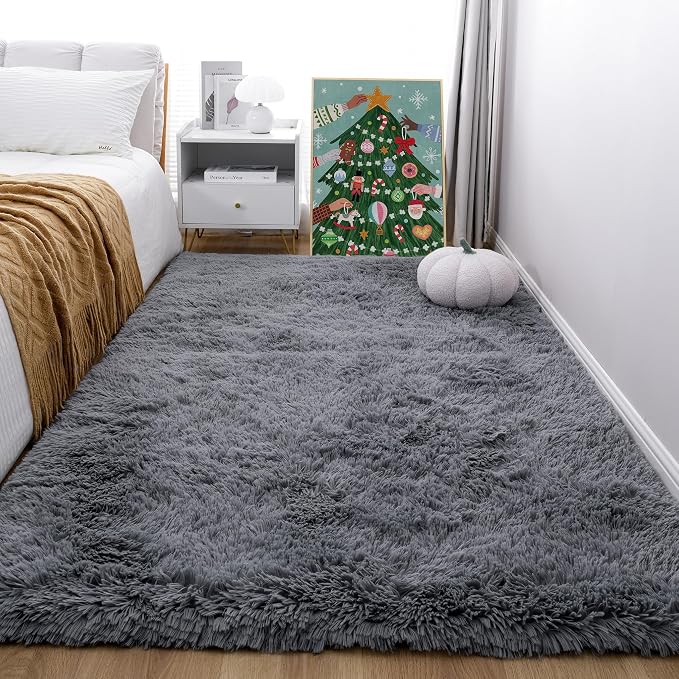 KICHOWUA 4x6 Grey Fluffy Shag Rug by KICHOWUA