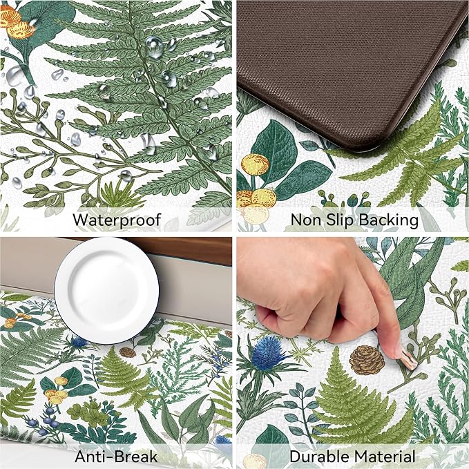 White Green Botanical Kitchen Rugs Set of 2 Plant Leaf Anti-Fatigue Kitchen Mat - Image 4