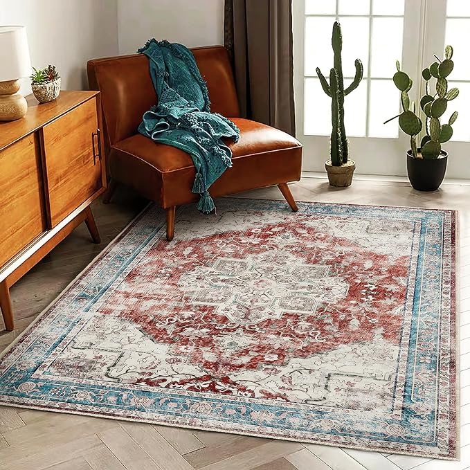 CHAMPLANT 3'x5' Vintage Red Blue Washable Thin Area Rug Traditional Floor Cover by CHAMPLANT