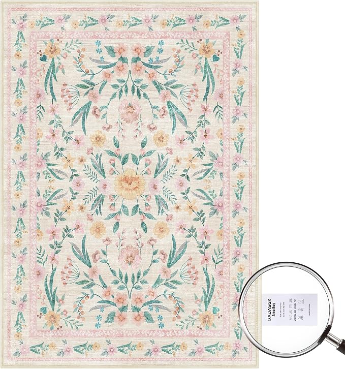 Pink Floral Area Rug 6x9, Soft Washable Girls Bedroom Rug - Image 5