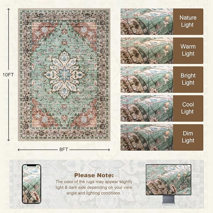 8x10 Area Rugs for Living Room: Washable Rug Soft Vintage Distressed Floral - Image 2