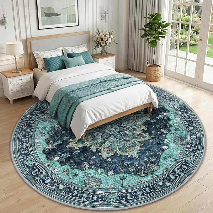 RELEANY Area Rugs Round 10ft Washable Non-Slip, Floral Vintage Distress - Image 2