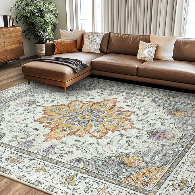 RELEANY Area Rugs 8'x10' Washable Non-Slip, Floral Vintage Distress Medallion by RELEANY