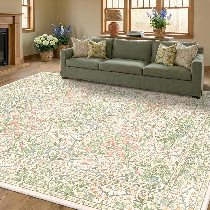 Beige Green 6x9 Washable Area Rugs by HazoHaus