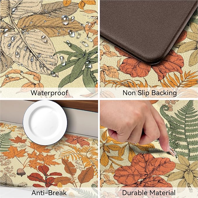 Orange Brown Botanical Kitchen Rugs Set of 2 Fall Maple Anti-Fatigue Kitchen - Image 4