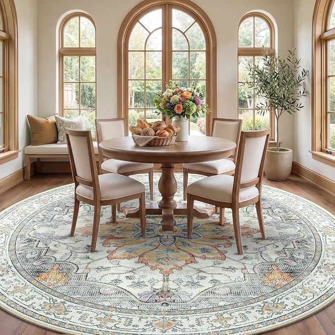 RELEANY Area Rugs Round 8ft Washable Non-Slip, Floral Vintage Distress - Image 2