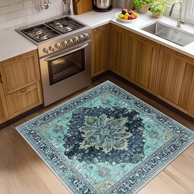 RELEANY Area Rugs Square 4ft Washable Non-Slip, Floral Vintage Distress by RELEANY