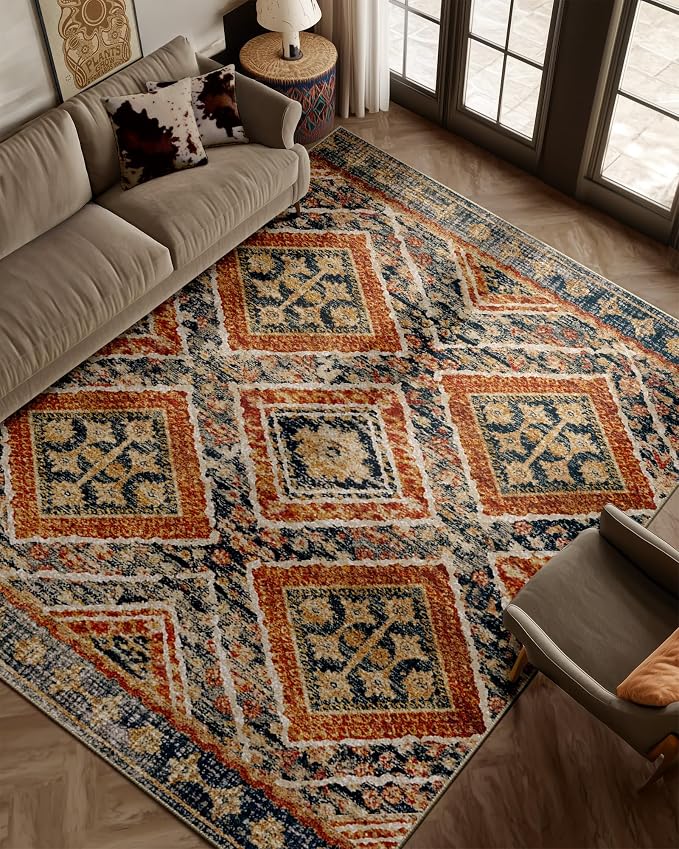 Area Rug 8x10 Rug Machine Washable Non-Slip Low Pile Print Pattern Western Rug by BESTSWEETIE