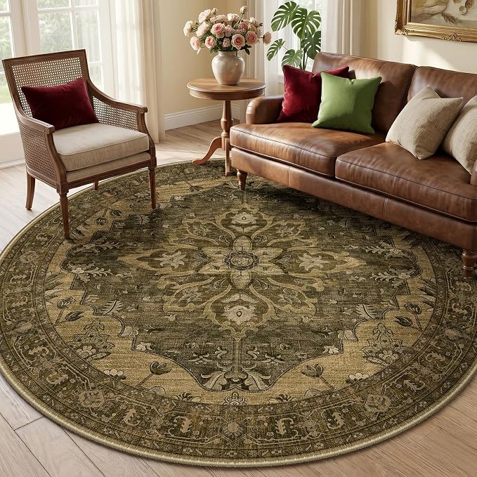 RELEANY Area Rugs Round 6ft Washable Non-Slip, Floral Vintage Distress by RELEANY