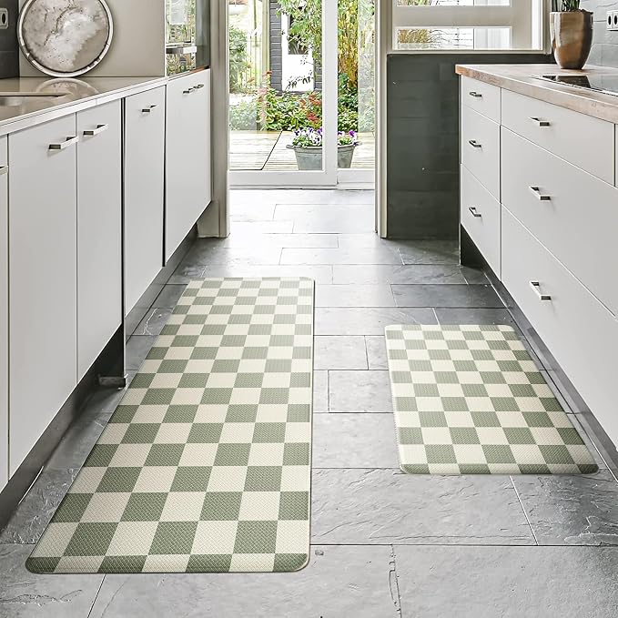 Beige Sage Checkered Grid Checkerboard Kitchen Rug Sets, Anti-Fatigue, - Image 2
