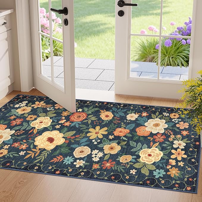 DUKINO 2x4 Rug for Entryway, Washable Kitchen Floral Runner Rug by DUKINO