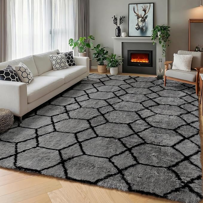 ONASAR Area Rugs for Bedroom Living Room, Fluffy 4x6 Grey and Black Bedside Rug - Image 5