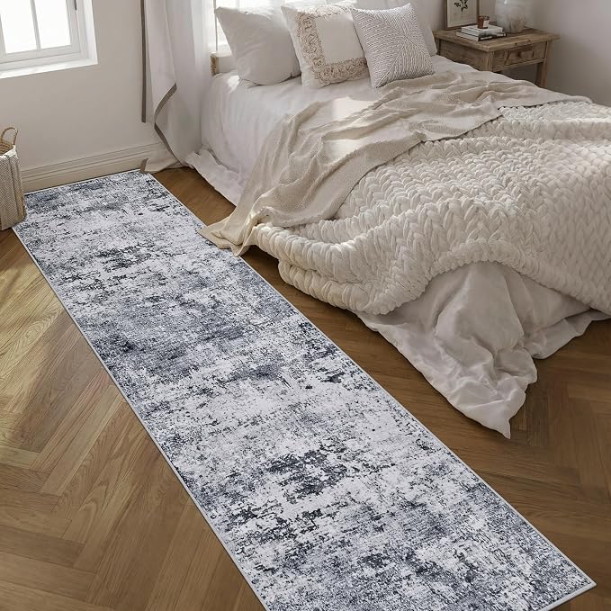 2.6'x14' Runner Rug Washable Rug: Modern Abstract Soft Thin Runner Rug Grey - Image 2