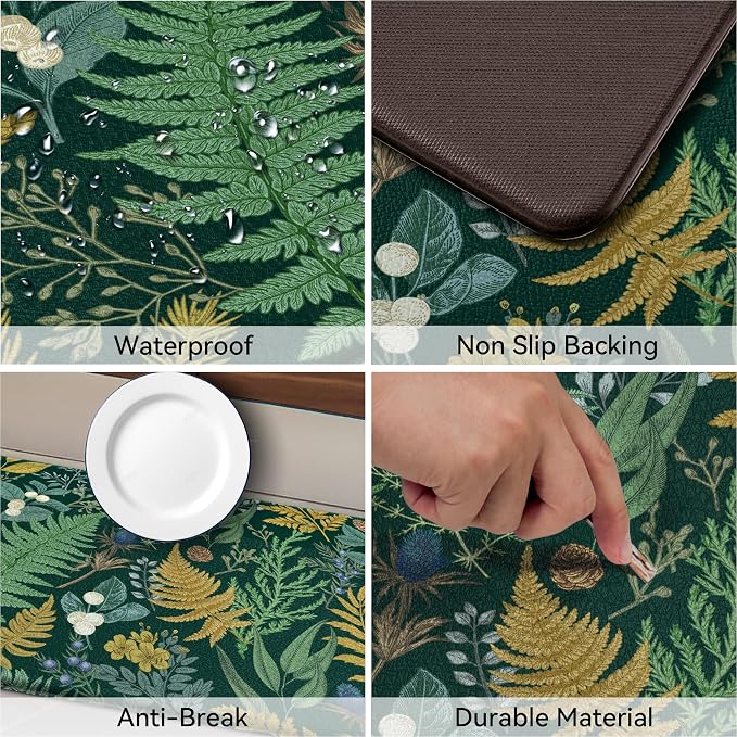 Dark Green Botanical Kitchen Rugs Set of 2 Plant Leaf Anti-Fatigue Kitchen Mat - Image 4