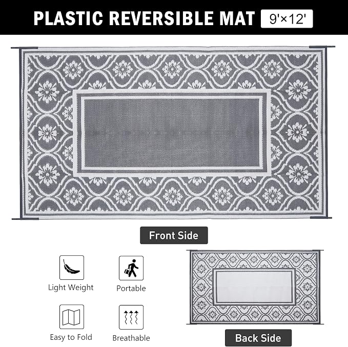 HUGEAR Outdoor Rug 9'x12' Patio Waterproof Mat Camping Carpet Outside Area Rug - Image 2