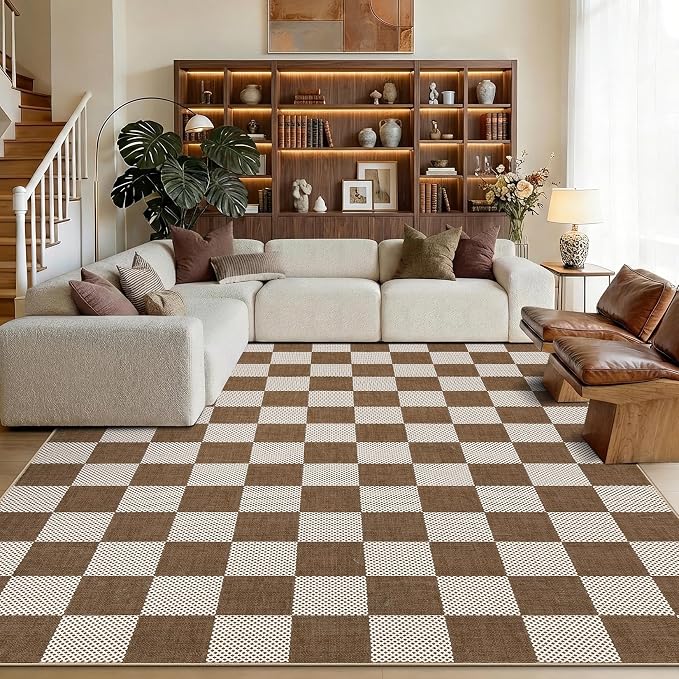 GarveeHome Checkered Terracotta Brown 5x7 Washable Rug Geometric Diamond Dot by GarveeHome