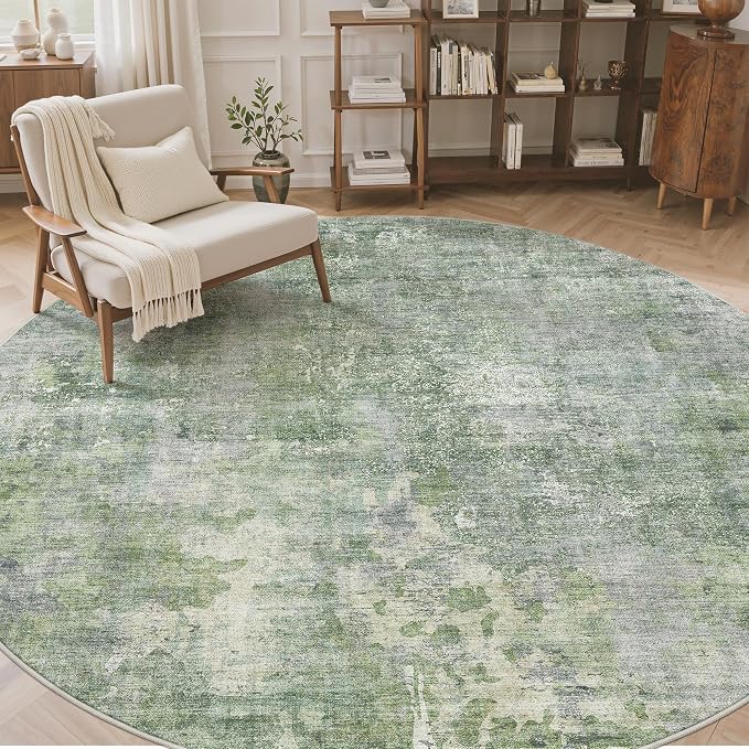 Soalmost 9x9 Green/Ivory Round Rug 9ft Living Room Circle Rug Vintage Round - Image 2