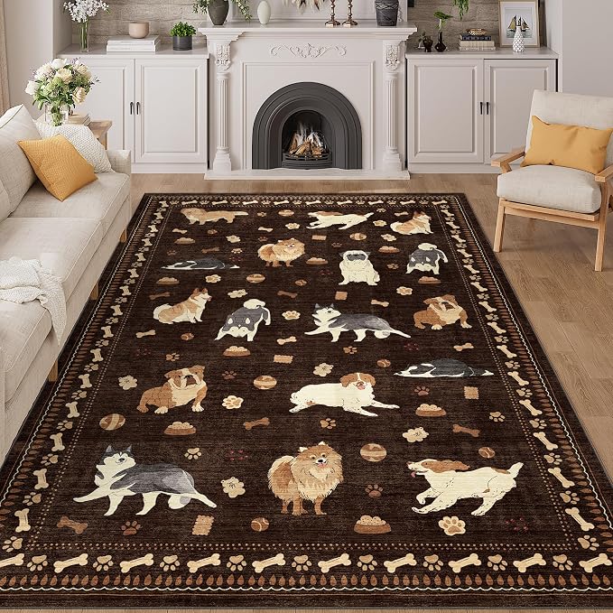 DUKINO 6x9 Rug for Living Room, Lightweight Animal Dog Print Washable Area Rug by DUKINO