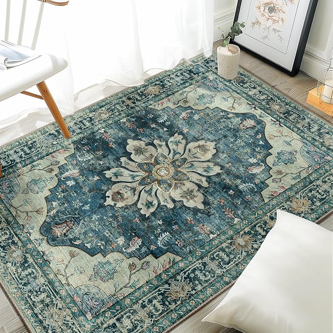 RELEANY Area Rugs 3'x4' Washable Non-Slip, Floral Vintage Distress Medallion by RELEANY