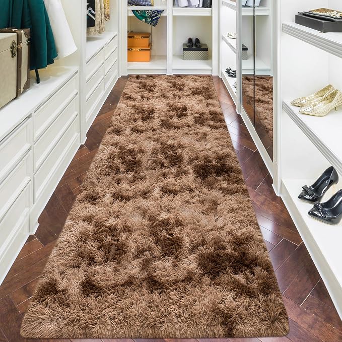 3x10 ft Plush High Pile Brown Tie Dyed Rug Fluffy Soft Runner Bedside Rug - Image 2