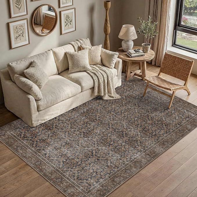 Latte&Fog 4x6 Rug for Living Room, Vintage Brown Washable Area Rug, Boho Floral - Image 2