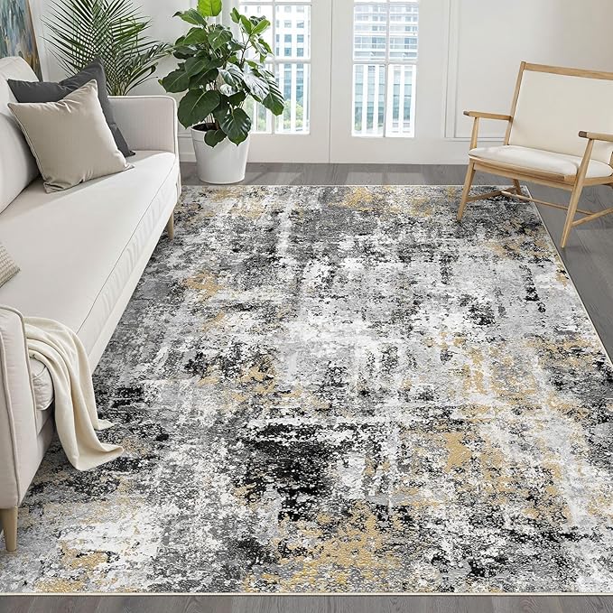 5x7 Area Rugs Living Room: Washable Large Abstract Neutral Modern Soft Rug by LOONGRUG