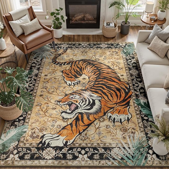 DCX Washable 5x7 Tiger Area Rug, Soft Low Pile Carpet, Kid & Pet Friendly by DCXWashableRug