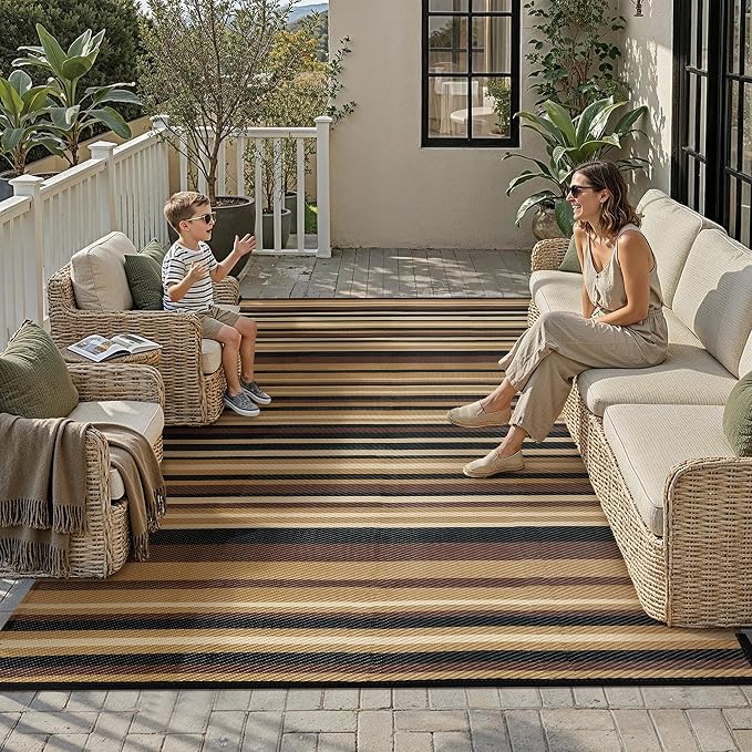Outdoor Plastic Straw Rug Waterproof Patio 9x12 Brown Black Stripe Mat - Image 2