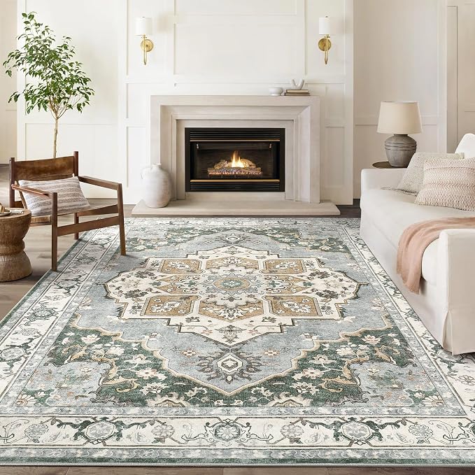 10x12 Washable Area Rug: Vintage Neutral Soft Non Slip Thin Large Floor Carpet - Image 3