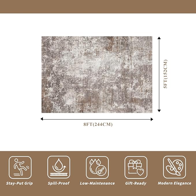 5x8 Washable Living Room Area Rug Modern Neutral Abstract Rug - Image 2