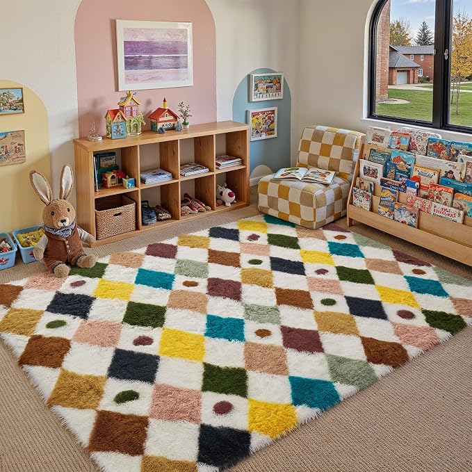 PureCozy Checkered Rug 4x6 Fluffy Shag Living Room Rainbow Area Rug Modern - Image 3