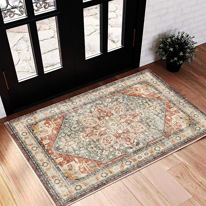 CHAMPLANT 2'x3' Red Khaki Area Rug Washable Door Mat Vintage Distressed Doormat by CHAMPLANT