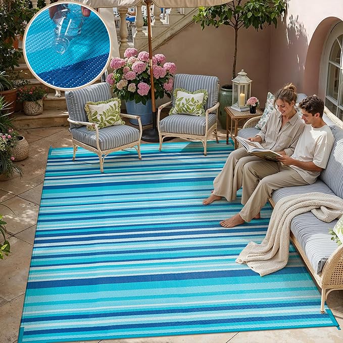 Outdoor Plastic Straw Rug Waterproof Patio 10x14 Blue Teal Stripe Mat - Image 6