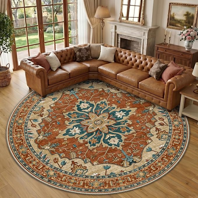RELEANY Area Rugs Round 10ft Washable Non-Slip, Floral Vintage Distress by RELEANY