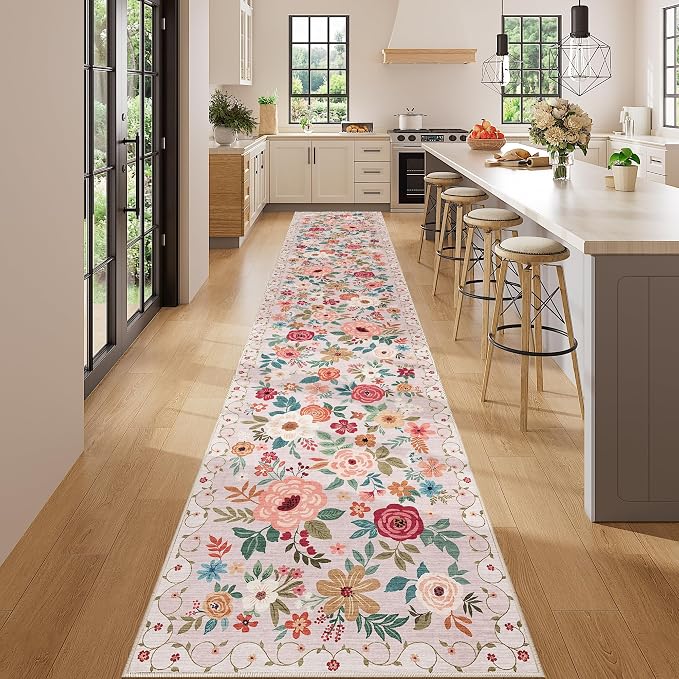 DUKINO 2.6x14 Kitchen Runner Rug, Lightweight Floral Washable Rug - Image 3