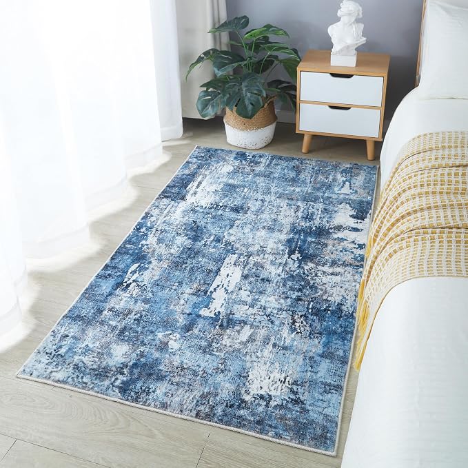 Rugcomf 3x5 Area Rug Blue Soft Abstract Boho Vintage Pattern Non-Slip - Image 2