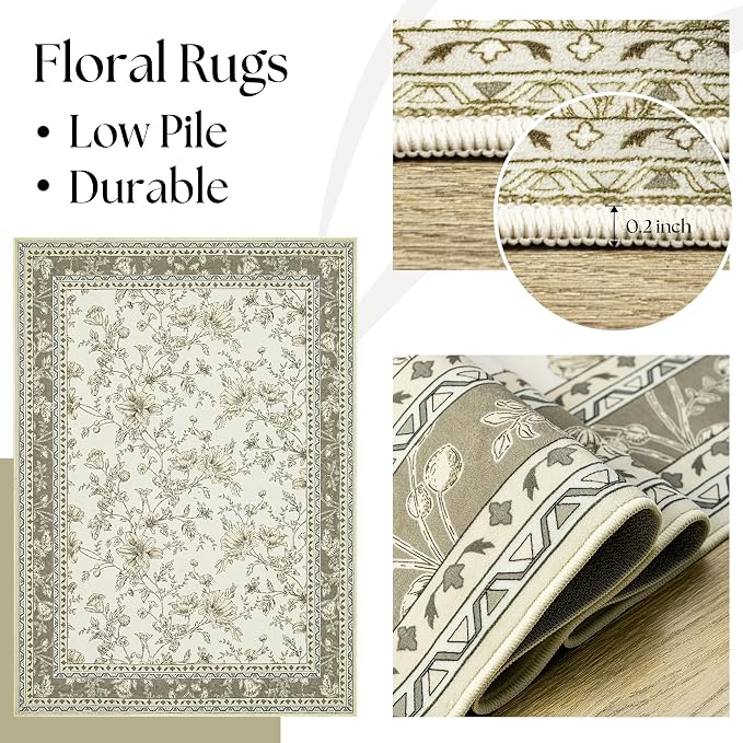 Floral Boho Rug 4x6 Washable Non Slip Area Rug Bohemian Carpet Door Mat Taupe - Image 5