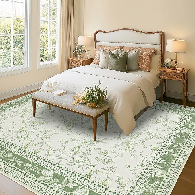 BILEEHOME Floral Area Rug for Bedroom 5x8 Sage Green and Cream Beige Vintage - Image 2