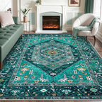 SERISSA Washable 8x10 Area Rugs Teal, Large Non-Slip Boho Living Room Rug by SERISSAHomeDecorCollection