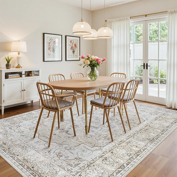 8x10 Area Rugs for Living Room:Beige Washable Vintage Medallion Carpet Non-Slip - Image 4